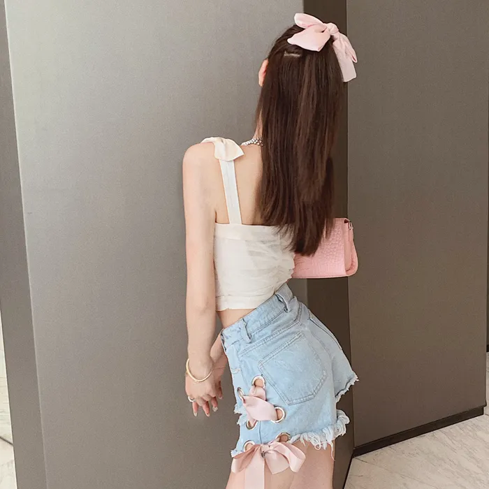 Girly Fancy Club Denim Shorts Women's Light Blue-2