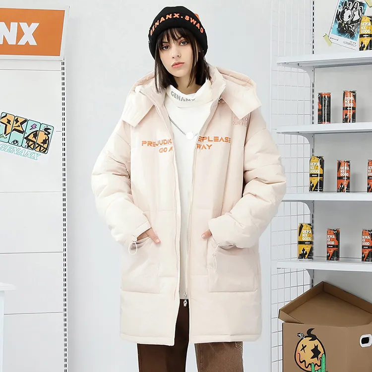 GENANX Letter Detachable Hood Loose Fit Mid Length Puffer Jacket Unisex-9