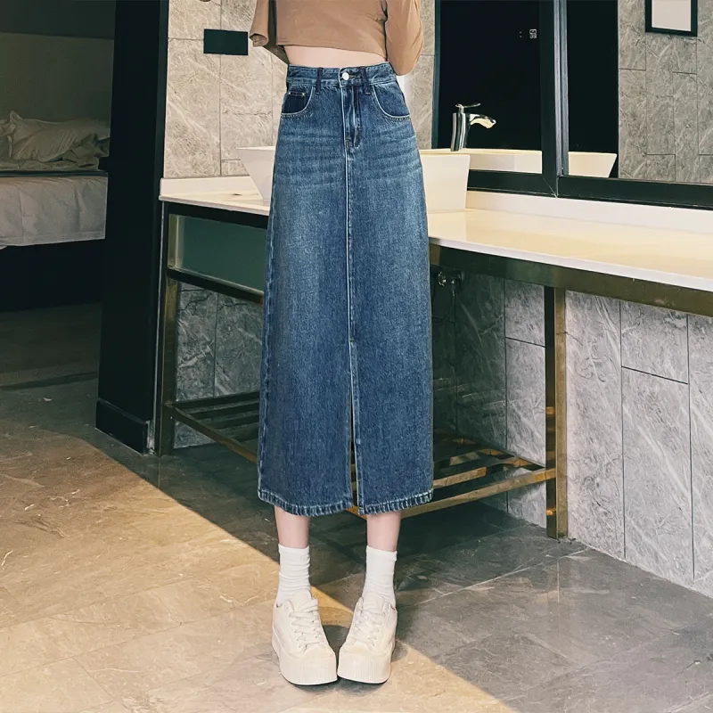 MITUAN Denim Long Skirts Women's Vintage Blue-2