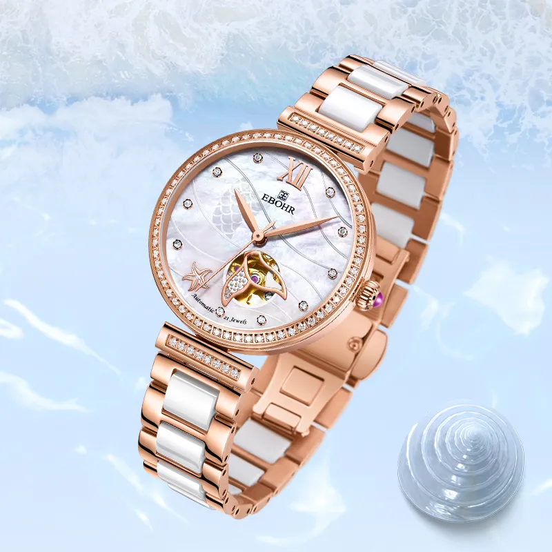 EBOHR Cana Collection Mechanical Movement Ceramic Strap Watch Women's Watch White Dial-3