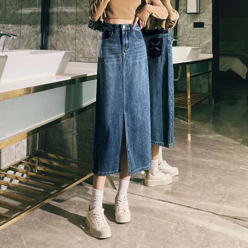 MITUAN Denim Long Skirts Women's Vintage Blue-4