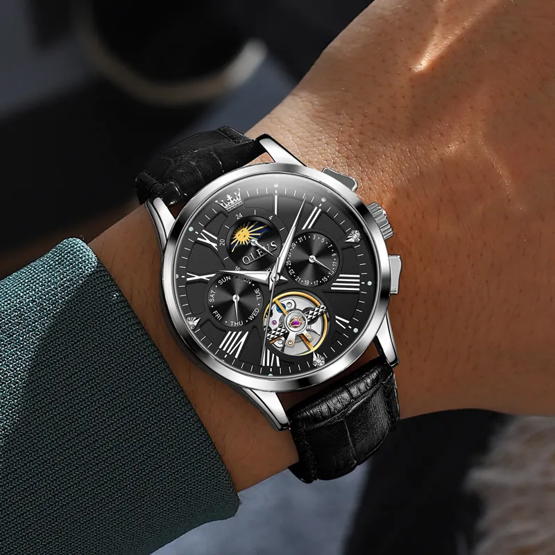 OLEVS Wisdom Series Mechanical Movement Leather Strap Watch Men's Watches Black Dial-11