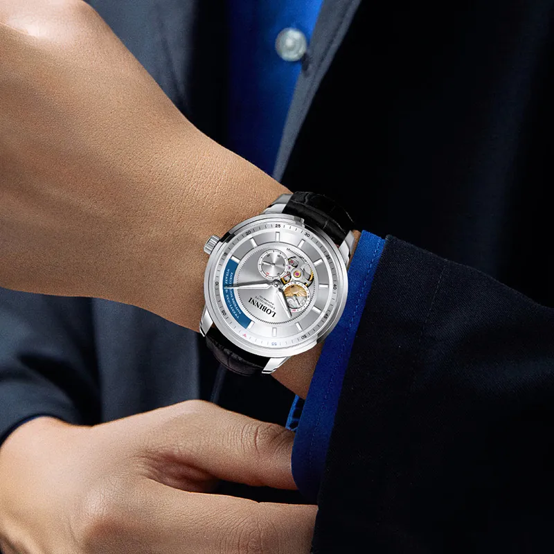 LOBINNI L Automatic Mechanical Movement Genuine Leather Strap Watch Men's Watches Black Dial-10