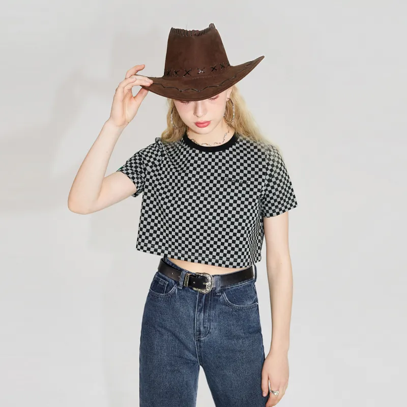 I'M ONE Crop Tops Women's Black Gray Plaid-3