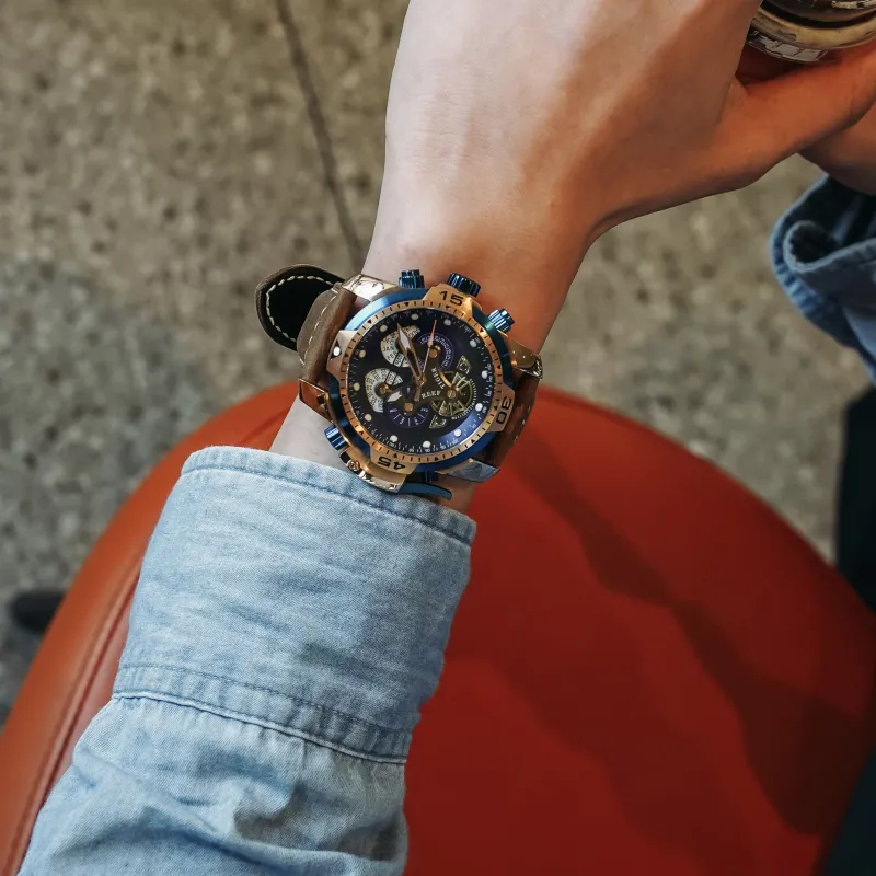 REEF TIGER Automatic Mechanical Movement Genuine Leather Strap Watch Men's Watches Black Dial-6
