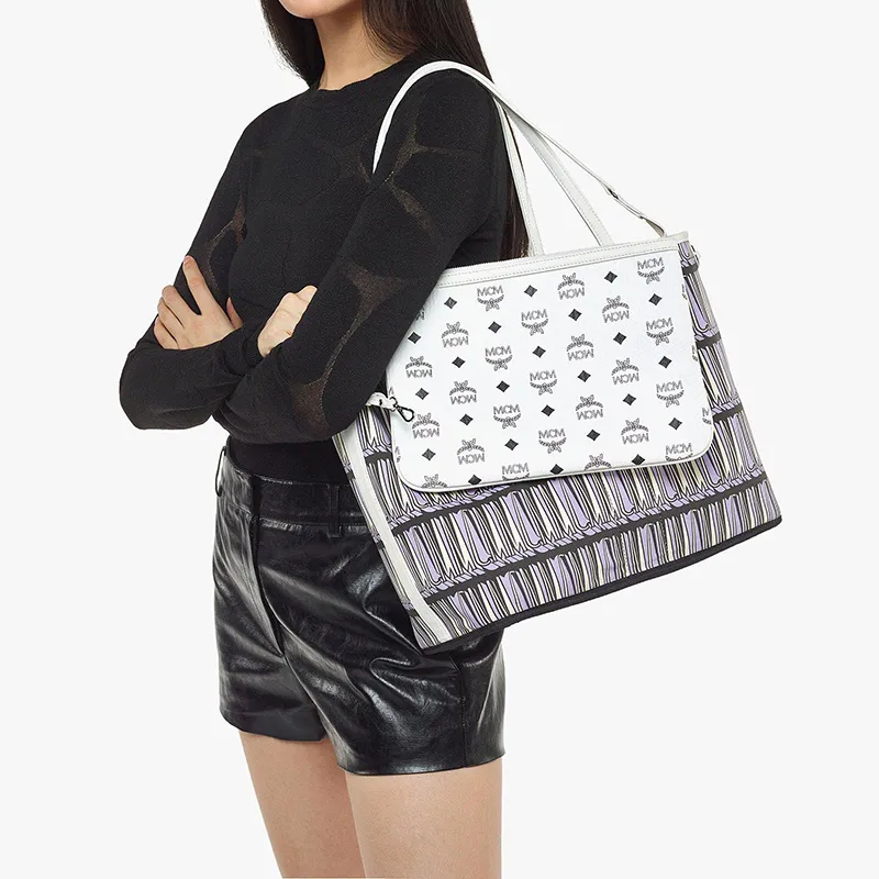 MCM Liz Visetos Fabric+Artificial Leather Combo Bag, Tote Bag, Shopping Bag, Shoulder Bag Medium Size Women's White-9