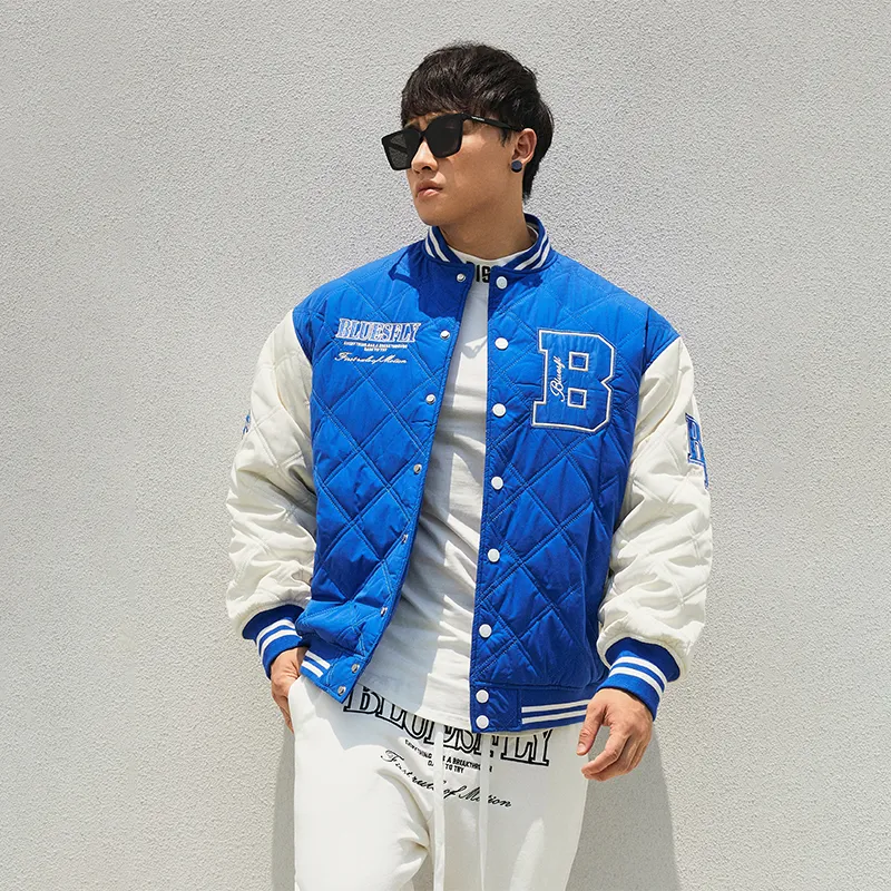 BLUESFLY Letter Colorblock Stand Collar Loose Fit Thickened Puffer Jacket Unisex Blue-2