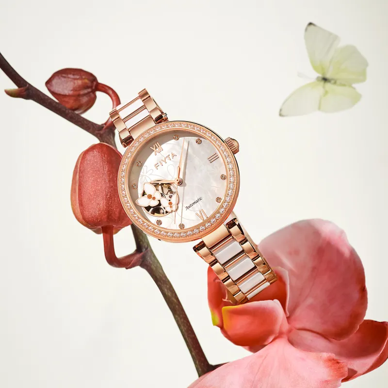 Fiyta DLA21003.PWSD Mechanical Movement Stainless Steel Strap Watch Women's Watch Cut Out Dial-3