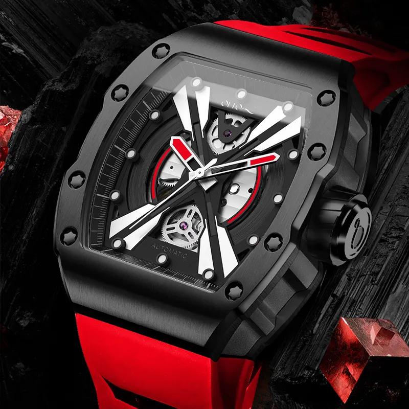 OLTO 8 Explorer Collection Wrist Watch Automatic Mechanical Movement Silicone Strap Black Dial Men's Watches-4