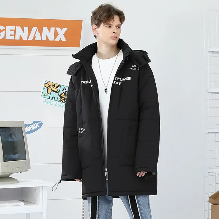 GENANX Letter Detachable Hood Loose Fit Mid Length Puffer Jacket Unisex-3