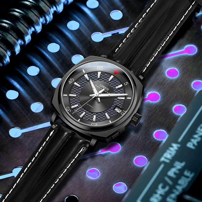 LOBINNI L Automatic Mechanical Movement Genuine Leather Strap Watch Men's Watches Black Dial-2
