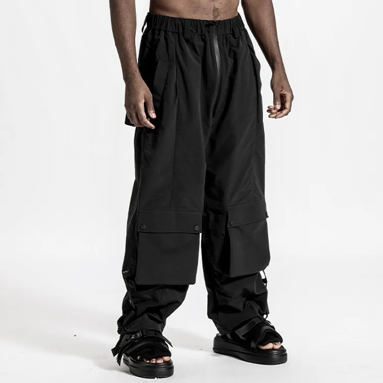 NORVINCY Western Elastic String Elastic Cuff Patch Pocket Casual Pants Unisex Black-4