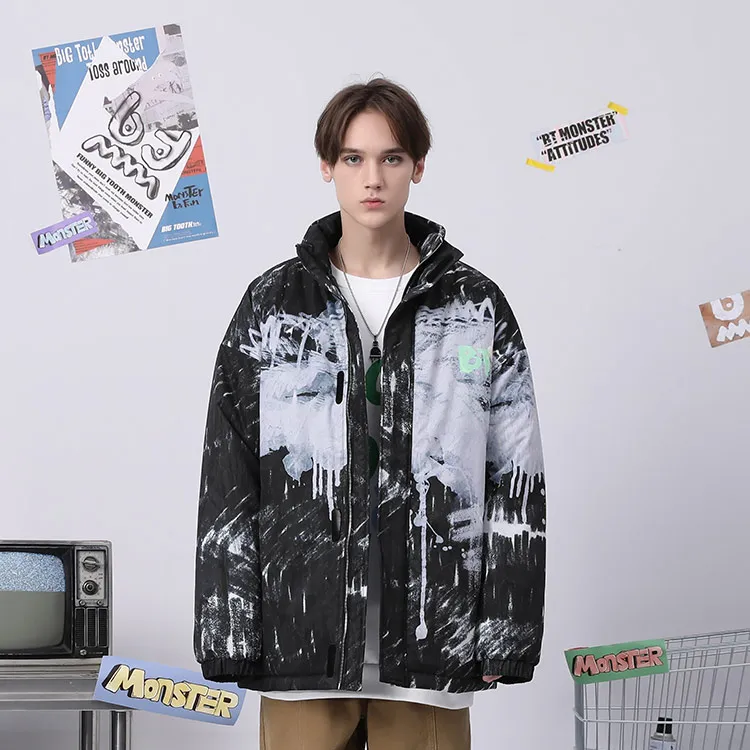 Bt Letter Stand Collar Loose Fit Puffer Jacket Unisex-4