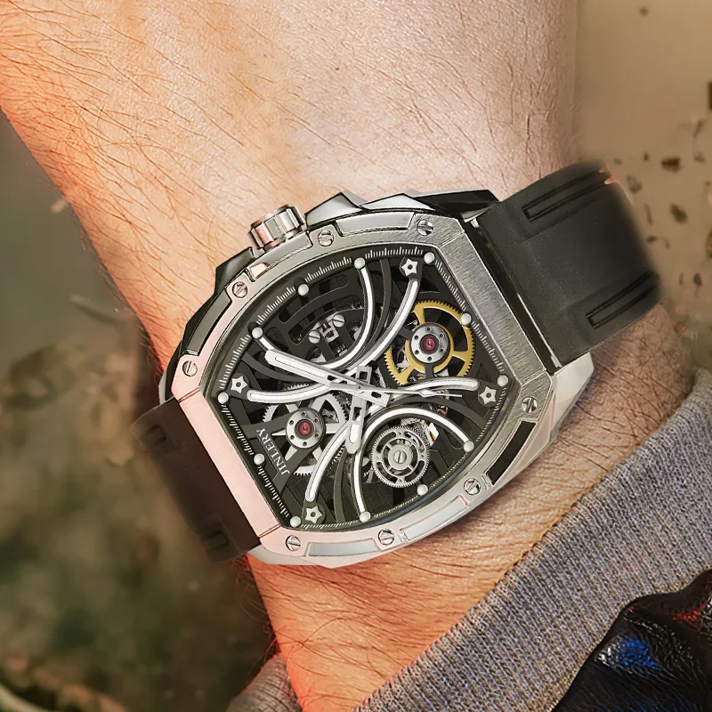JINLERY Apocalypse Collection Automatic Mechanical Movement Rubber Strap Watch Men's Watches Cut-Out Dial-8