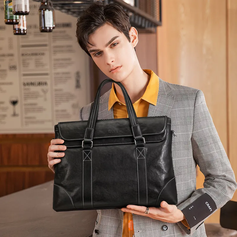 GOLF Top Grain Cow Leather 15 Inch Laptop Bag, Crossbody Bag, Genuine Leather Briefcase Tubas Men's Black-7