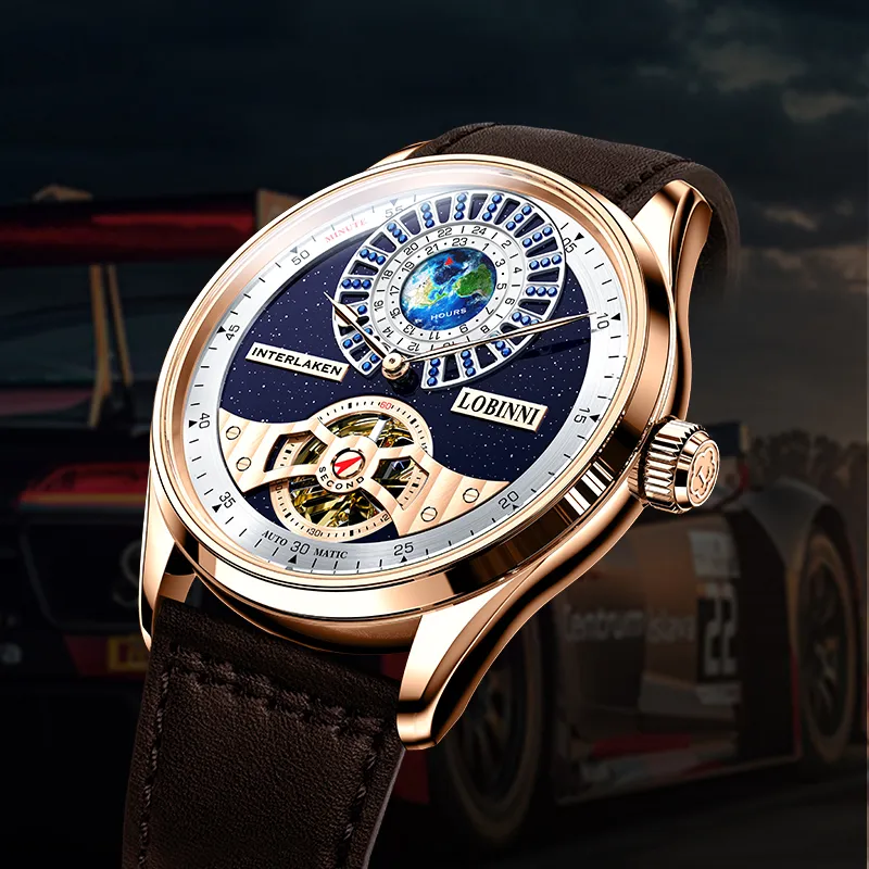 LOBINNI L Planet Watch Men's Automatic Mechanical Movement Cowhide Strap Watch Men's Watches Blue Dial-11