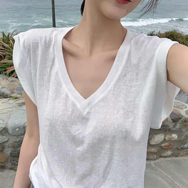 Gyokuu V-Neck Fitted Straight Sleeveless T-Shirt Women's White-4