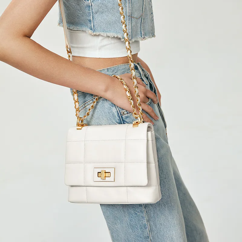 FION Genuine Leather Chain Small Square Bag, Shoulder Bag, Crossbody Bag Women's-16