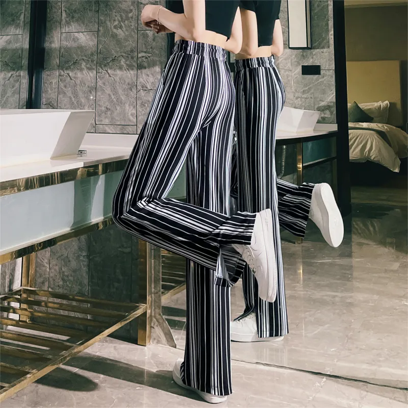 MITUAN Casual Pants Women's Black White Stripes-6