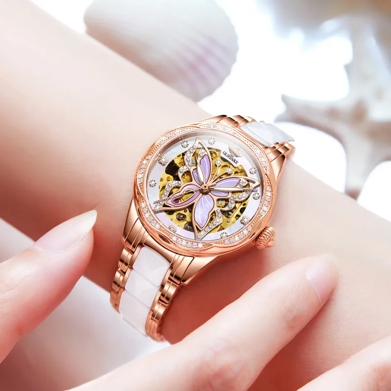 Oupinke AIR-BORN Collection Ceramic Rhinestone-Embellished Mechanical Movement Watch Women's Watch White Dial-4