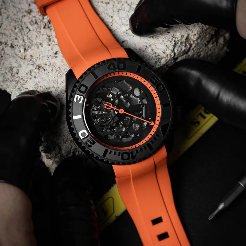 VENCREW Leviathan Orange Automatic Mechanical Movement Watch Unisex Cut-Out Dial-1