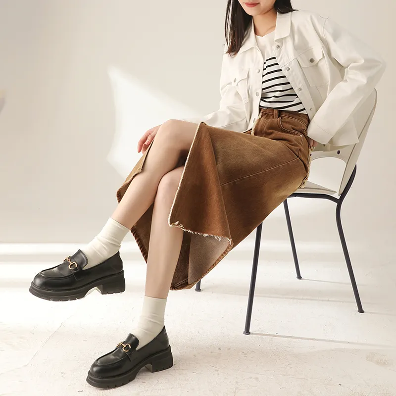 MITUAN Denim Long Skirts Women's Coffee-4