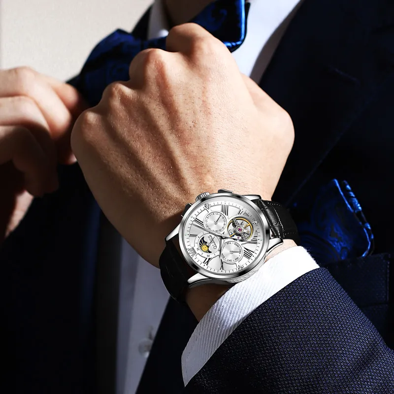 OLEVS Wisdom Series Mechanical Movement Leather Strap Watch Men's Watches Black Dial-2