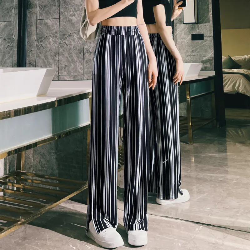 MITUAN Casual Pants Women's Black White Stripes-2