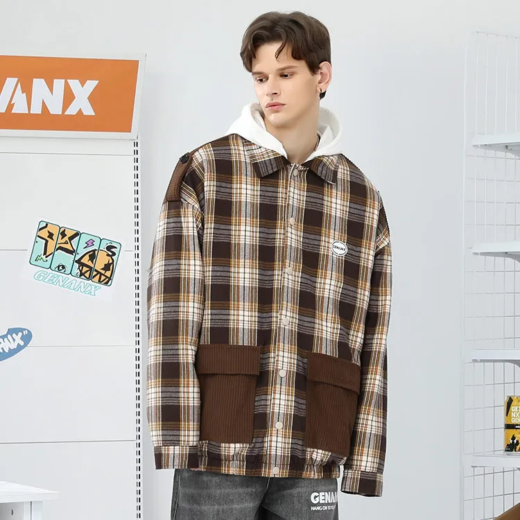 GENANX Striped Checker Lapel Loose Fit Puffer Jacket Unisex-4