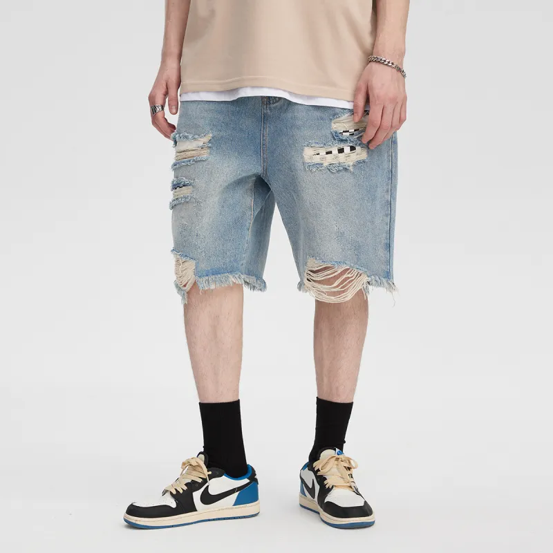 GUKUUL Loose Fit Denim Shorts, Summer Unisex Light Blue-7