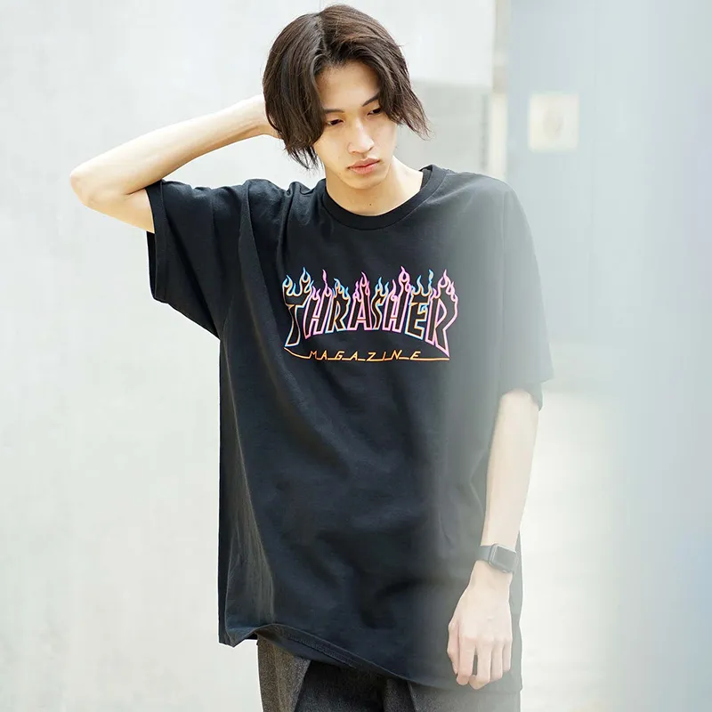 Thrasher Crew Neck Loose Fit Straight Short Sleeved T Shirt Unisex Black-3
