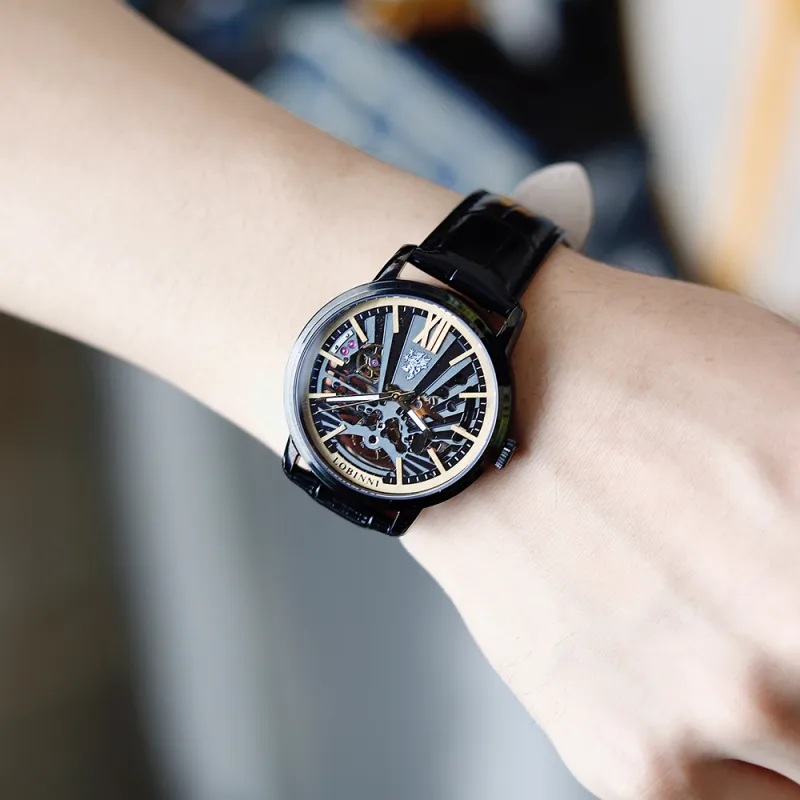 LOBINNI L Automatic Mechanical Movement Leather Watch Bands Watch Men's Watches Cut-Out Dial-5