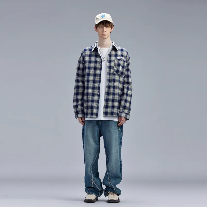 Guuka Long Sleeved Shirts Men's Blue Plaid-2
