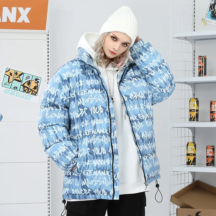 GENANX Stand Collar Loose Fit Puffer Jacket Unisex Print Blue-7