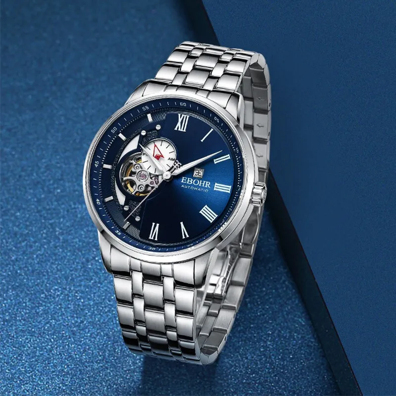 EBOHR Mechanical Movement Stainless Steel Strap Watch Unisex Blue Dial 19081316-2