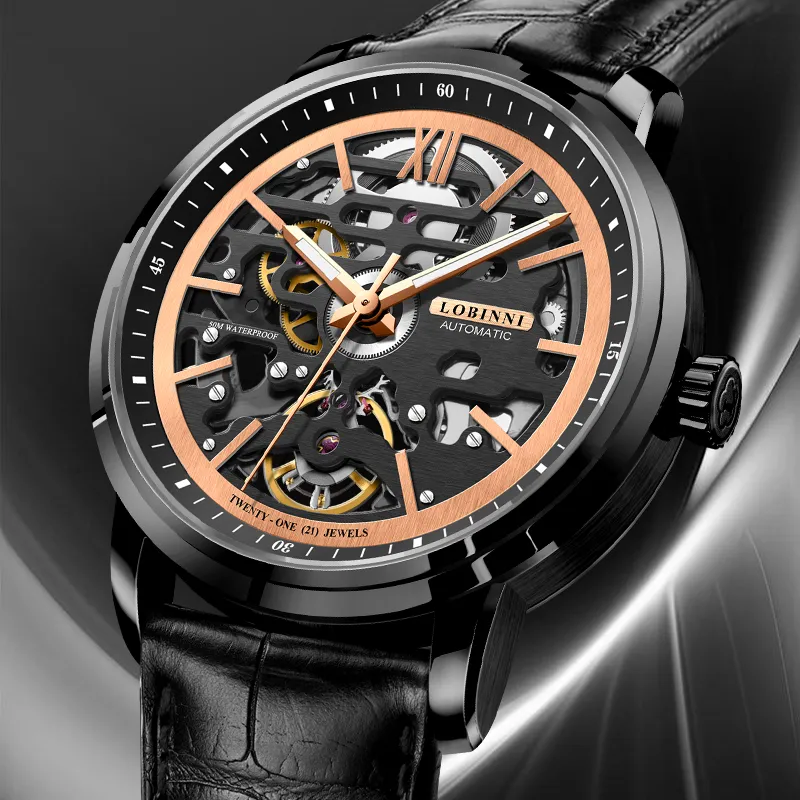 LOBINNI L Automatic Mechanical Movement Genuine Leather Strap Watch Men's Watches Cut-Out Dial-17