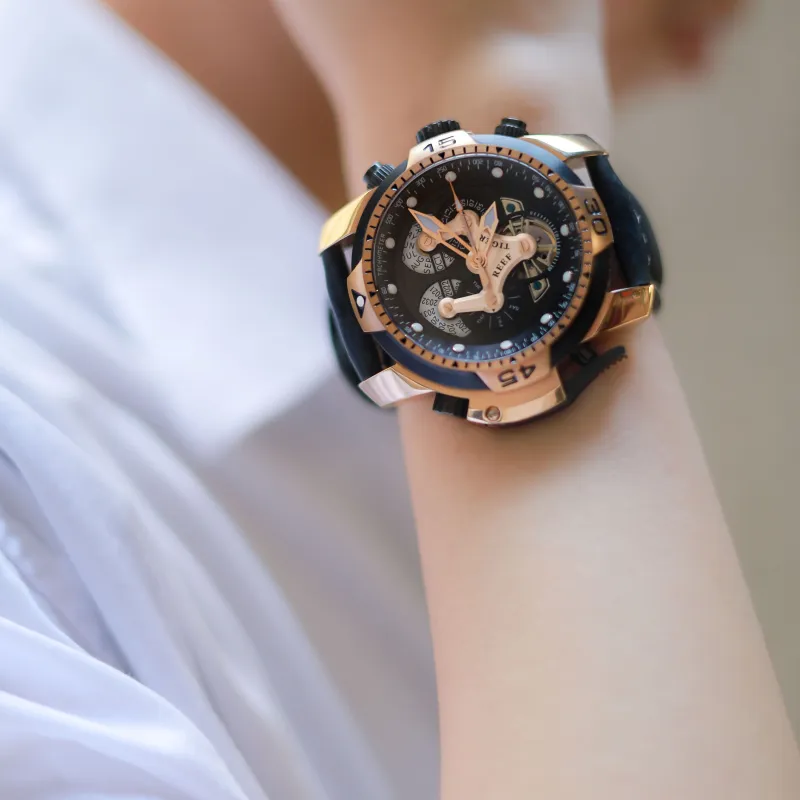 REEF TIGER Mechanical Movement Rubber Band Strap Watch Men's Watches Black Dial-1
