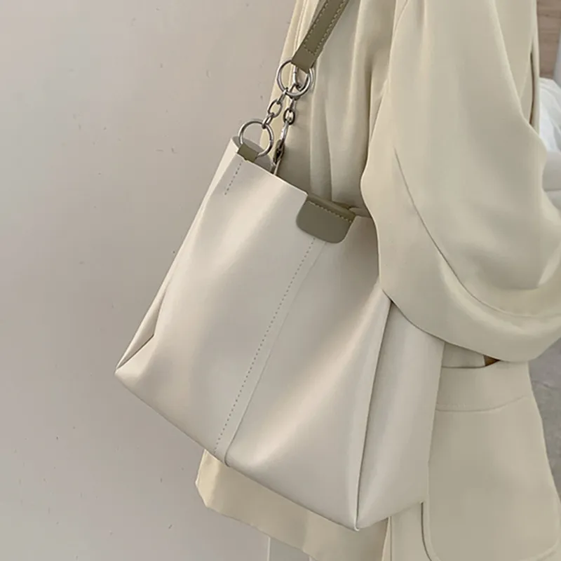 VINEY Cow Leather Tote Bag, Shopping Bag, Shoulder Bag Large Size Women's White & Green-1