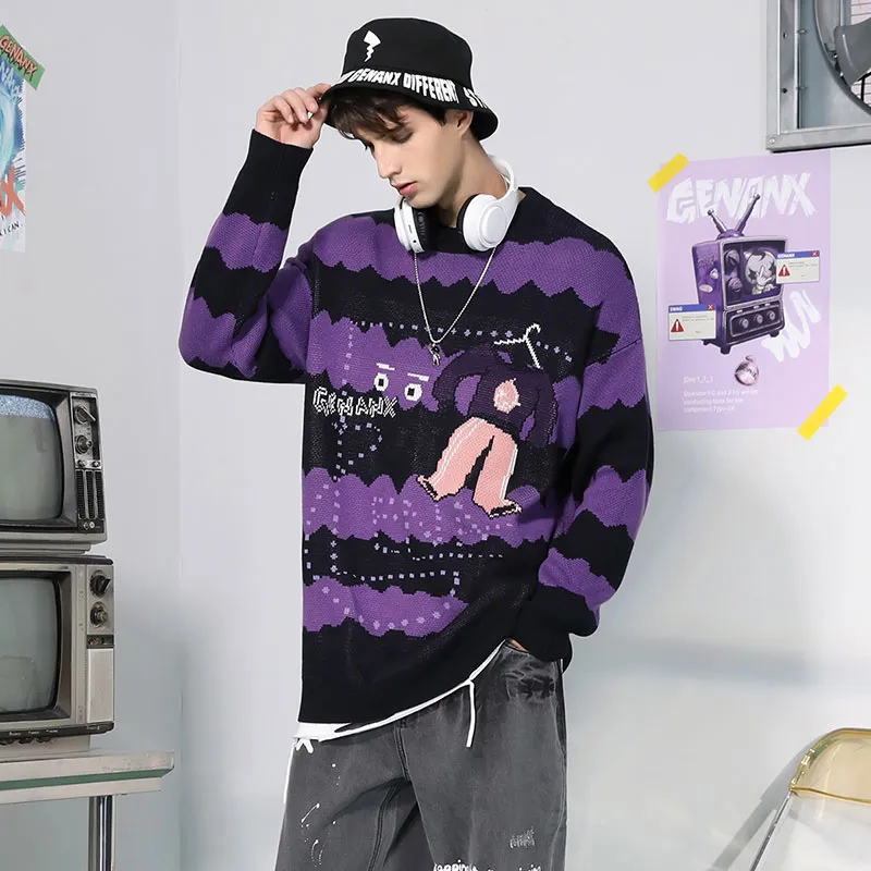 GENANX Sweaters Unisex Black Purple-3