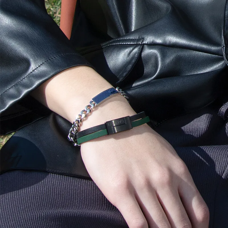 LACOSTE Classic Letter Logo Double Ring Leather Wristbands Men's Green 2040074-2