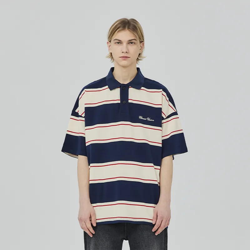 CLIMAX VISION Polo Shirts Unisex Navy Blue Beige Stripes-5