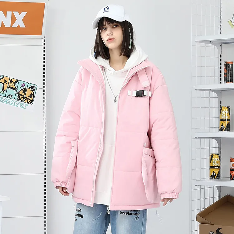 GENANX Solid Color Stand Collar Loose Fit Thickened Puffer Jacket Unisex-10