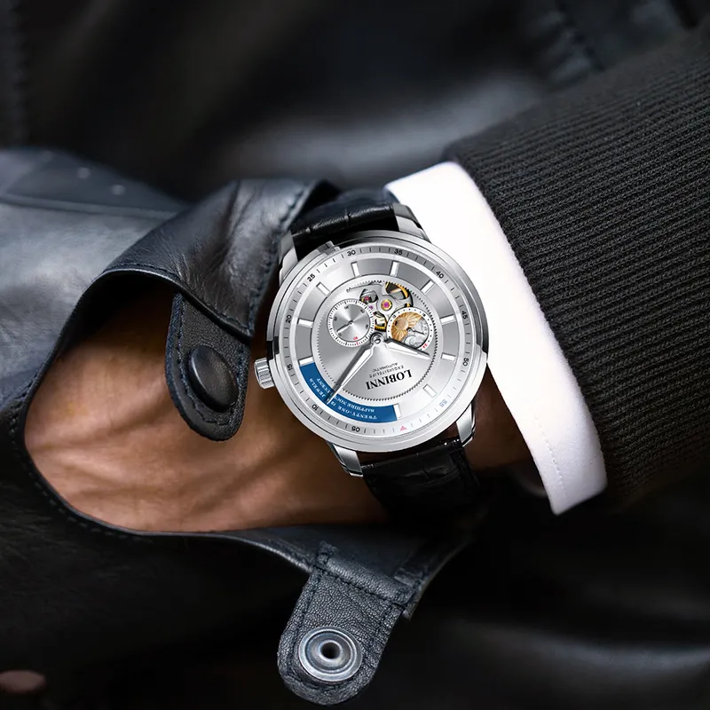 LOBINNI L Automatic Mechanical Movement Genuine Leather Strap Watch Men's Watches Black Dial-9