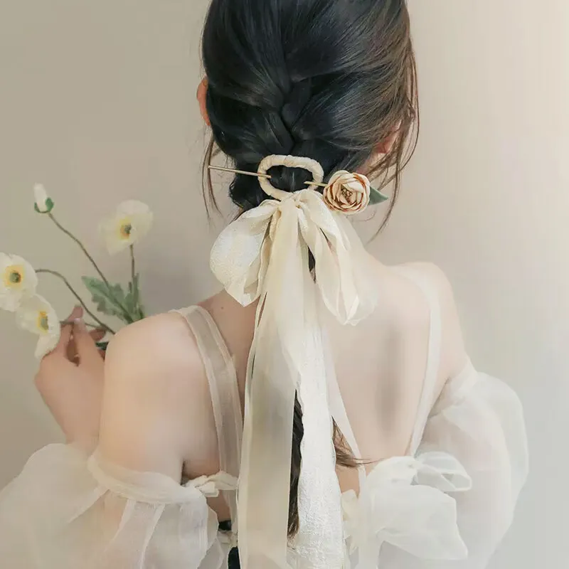 SENDME Hairpins Women's Gauze Ribbon Rose Hairpin-2