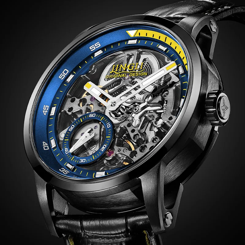 JINLERY Machine Automatic Mechanical Movement Genuine Leather Strap Watch Men's Watches Cut-Out Dial J9033-27