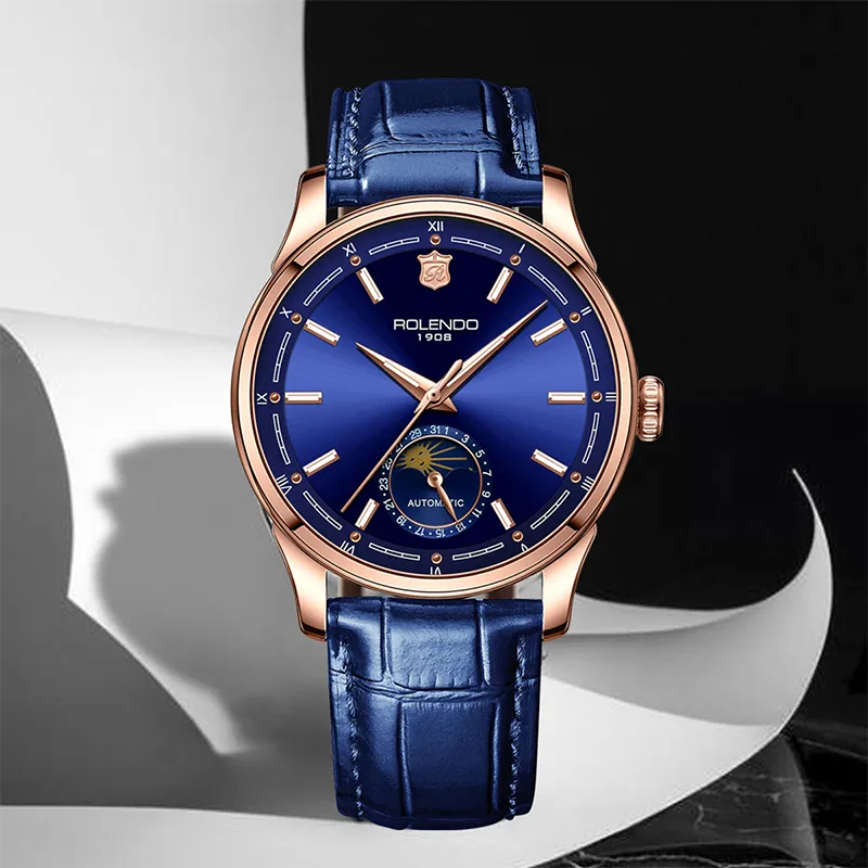 ROLENDO R Automatic Mechanical Movement Genuine Leather Strap Watch Men's Watches Coffee Watch Dial-6