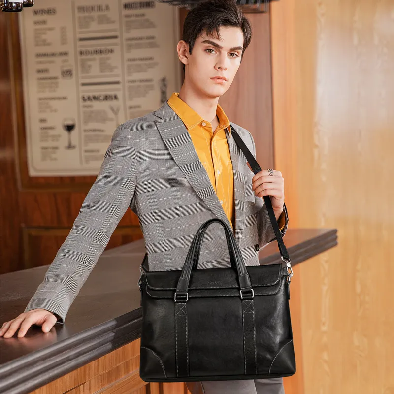 GOLF Top Grain Cow Leather 15 Inch Laptop Bag, Crossbody Bag, Genuine Leather Briefcase Tubas Men's Black-4