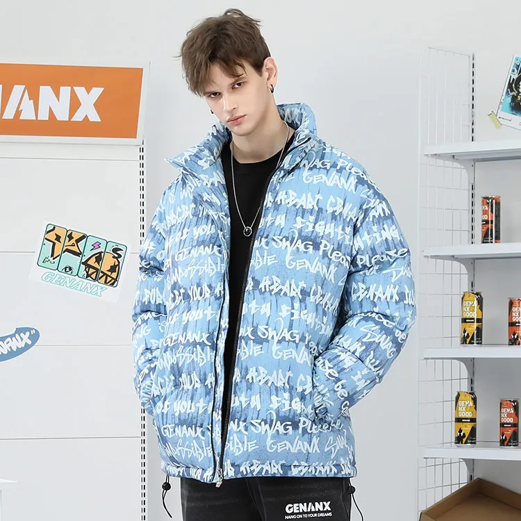 GENANX Stand Collar Loose Fit Puffer Jacket Unisex Print Blue-4