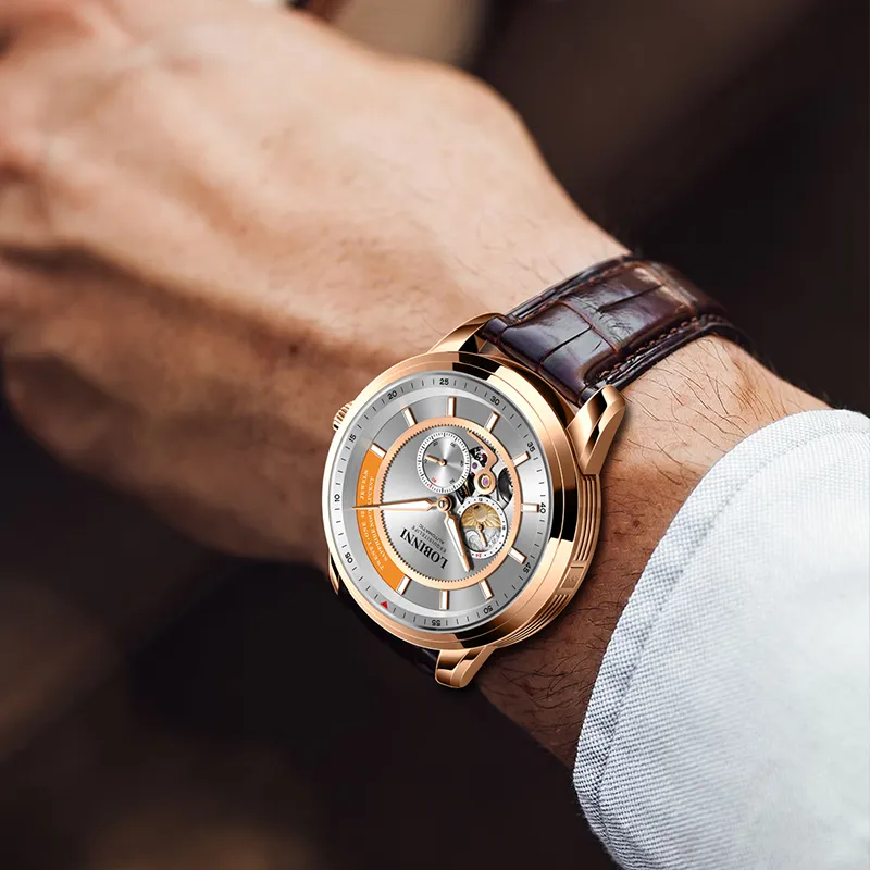 LOBINNI L Automatic Mechanical Movement Genuine Leather Strap Watch Men's Watches Black Dial-6