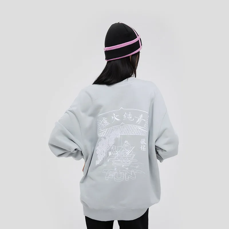 Fun Crew Neck Loose Fit Sweatshirt Unisex Light Gray-3